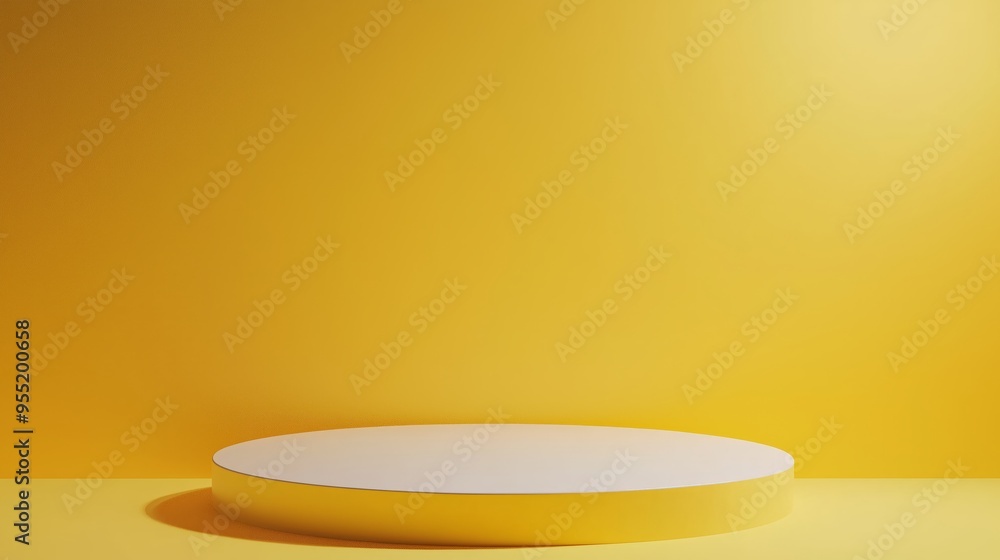 A sleek 3D podium with a large empty area, set against a vibrant yellow background, with soft shadows for depth, perfect for product advertising A sleek 3D podium with a large empty area, set against a vibrant yellow background, with soft shadows for depth, perfect for product advertising