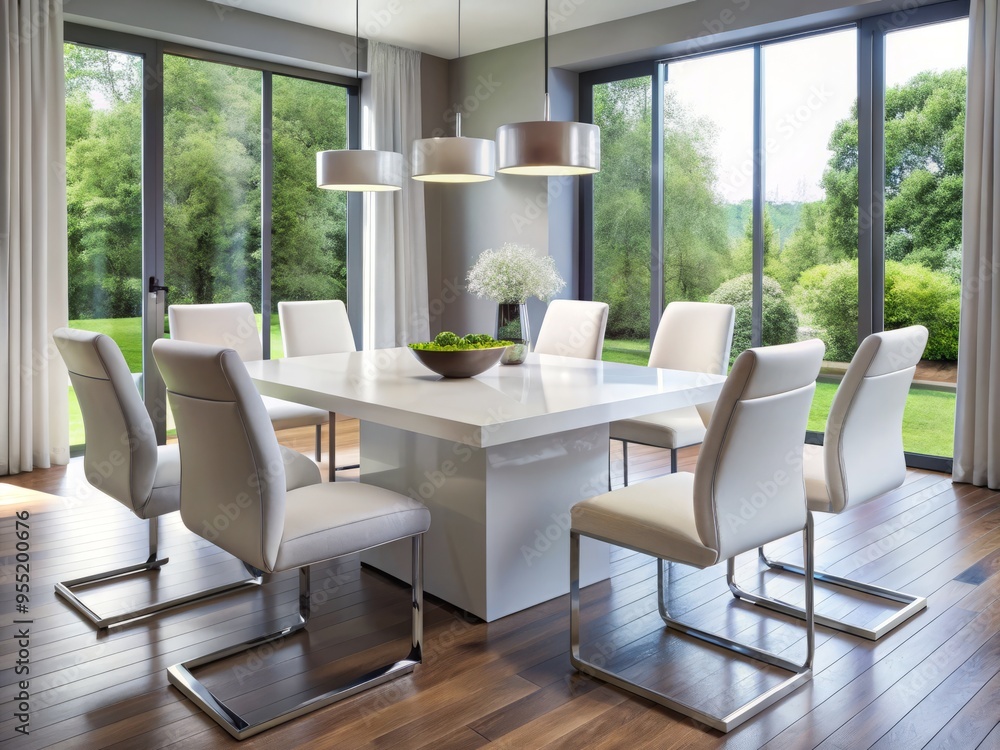 A sleek, white glossy dining table and chairs create a modern centerpiece in a contemporary space, perfect for A sleek, white glossy dining table and chairs create a modern centerpiece in a contemporary space, perfect for