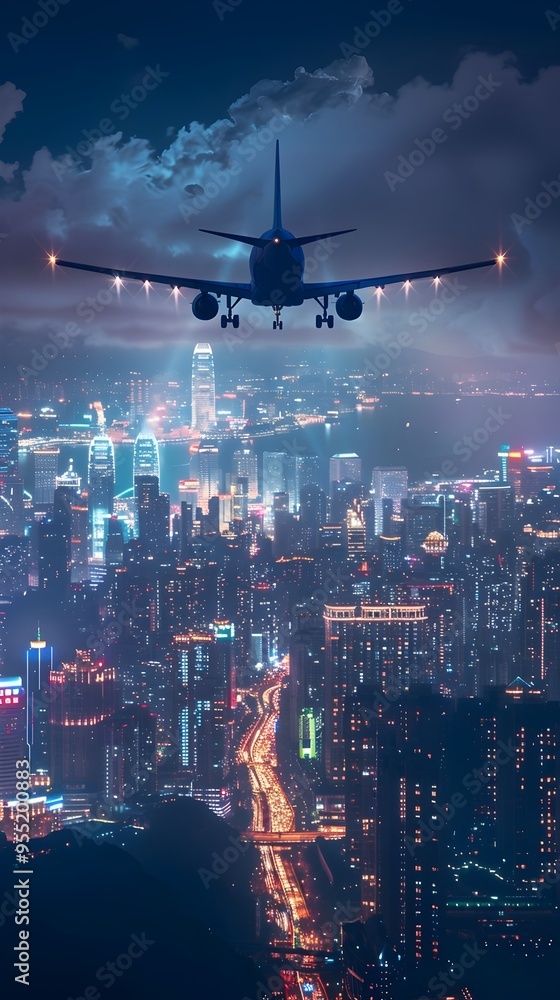Airplane Soaring Over Bustling Nighttime Cityscape with Twinkling Lights Below Airplane Soaring Over Bustling Nighttime Cityscape with Twinkling Lights Below