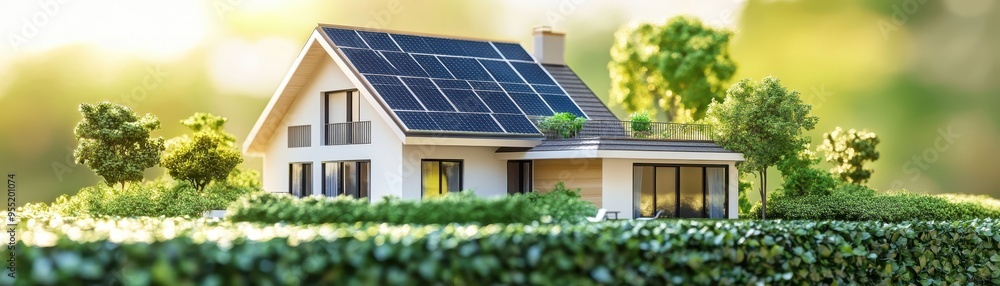 Modern eco-friendly house with solar panels amidst lush greenery, epitomizing sustainable living in a tranquil environment. Modern eco-friendly house with solar panels amidst lush greenery, epitomizing sustainable living in a tranquil environment.