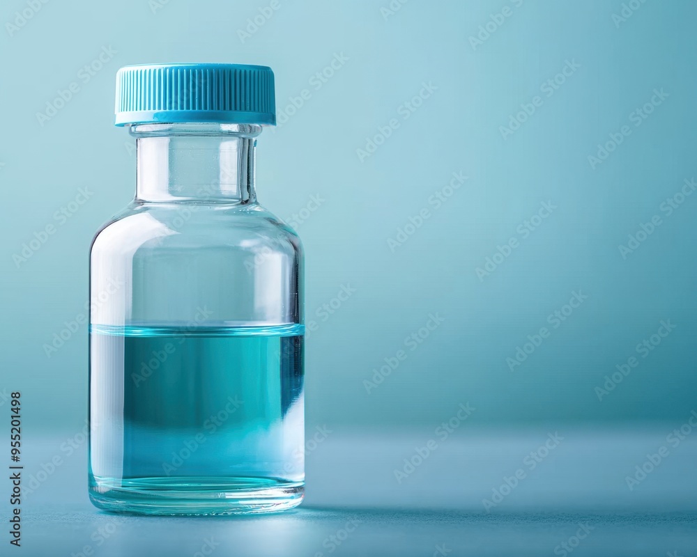 A clear glass vial containing blue liquid, ideal for medical, pharmaceutical, or laboratory-related visuals. A clear glass vial containing blue liquid, ideal for medical, pharmaceutical, or laboratory-related visuals.