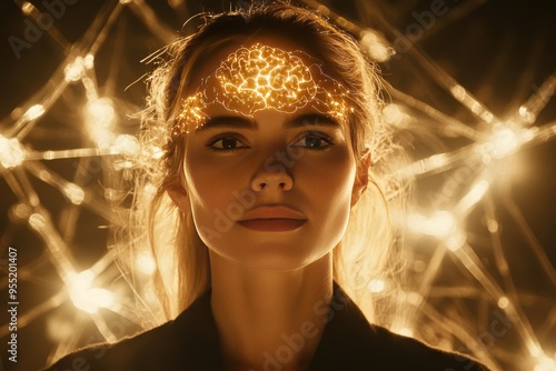 Neurophysiological smart Woman illuminated by a web of glowing connections representing the interconnectedness of thoughts ideas and the broader network of human knowledge photo