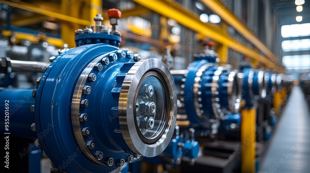 Fototapeta premium Row of Industrial Valves in Operation: A row of large industrial valves lined up in a gas plant, with pipes extending in various directions.