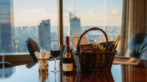 Large Gift Basket with Luxury Items Including Chocolates and Wine on Executive Office Desk with Panoramic City View Through Window