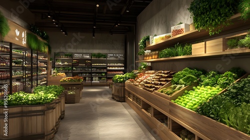 A store with eco-friendly greens and 3D-rendered bulk food displays and bins