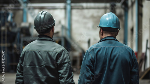 Two construction workers standing, cinematic shot