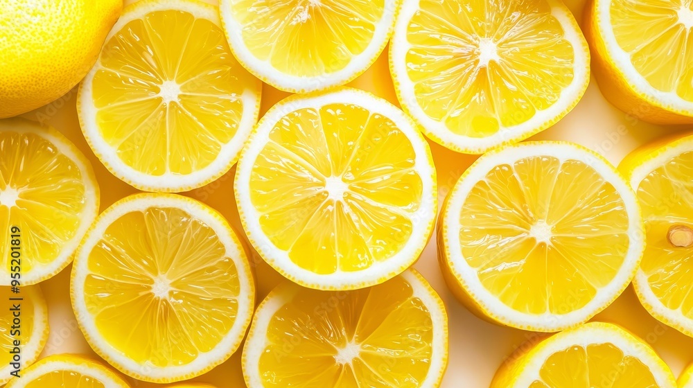 Lemon slice motif in a seamless repeating pattern, sunny yellow tones on a white background, perfect for textiles Lemon slice motif in a seamless repeating pattern, sunny yellow tones on a white background, perfect for textiles