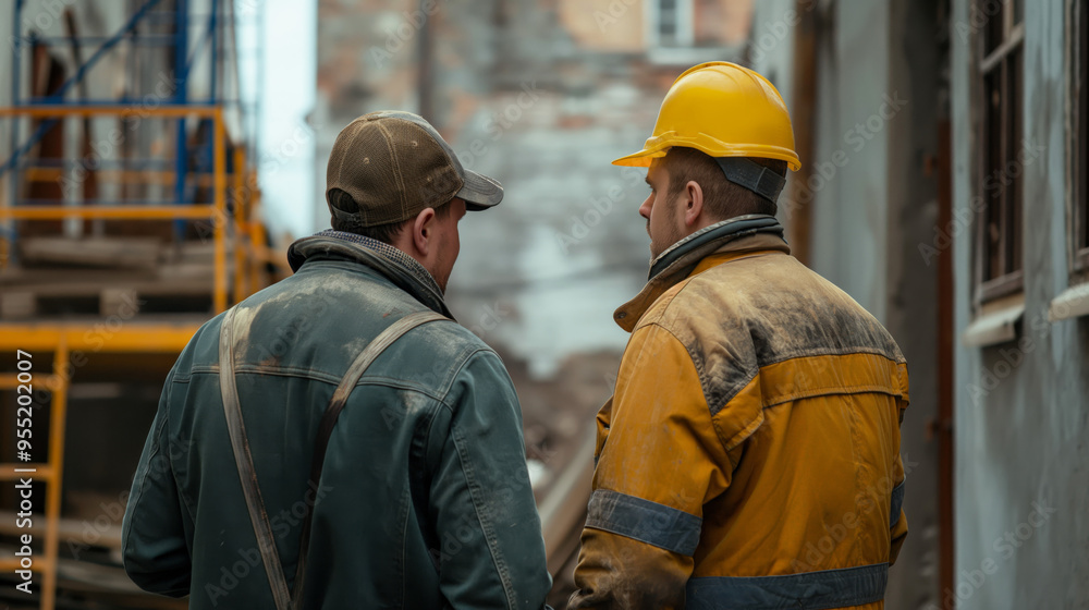 Two construction workers standing, cinematic shot Two construction workers standing, cinematic shot
