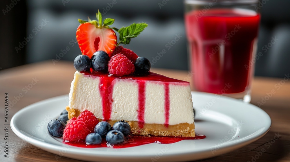 A slice of cheesecake with strawberries, blueberries and raspberries on top of a white plate. A glass of red juice is next to the plate, with copy space A slice of cheesecake with strawberries, blueberries and raspberries on top of a white plate. A glass of red juice is next to the plate, with copy space