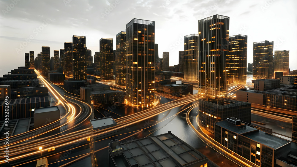 3D Glowing Abstract Data Streams in Digital Cityscape: Urban Management and Technological Efficiency Concept Captured from Aerial View with Vibrant Lights and Futuristic Architecture - 3D Icon Isolate 3D Glowing Abstract Data Streams in Digital Cityscape: Urban Management and Technological Efficiency Concept Captured from Aerial View with Vibrant Lights and Futuristic Architecture - 3D Icon Isolate