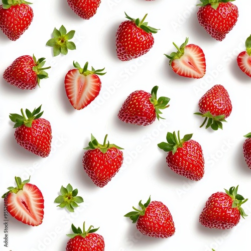 Seamless pattern of sliced strawberries scattered on a white background, vibrant and fresh, perfect for summer designs