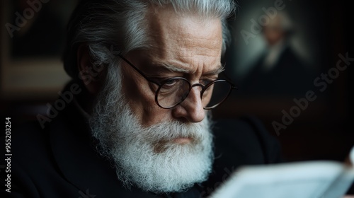 An elderly man reading a book in a dimly lit vintage room, the ambiance filled with history and nostalgia, with elegant vintage furniture and decor creating a timeless atmosphere. photo