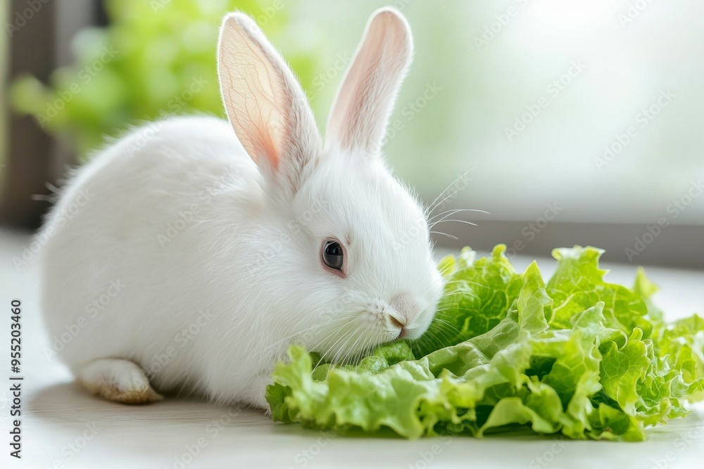 White Rabbit Eating Green Lettuce on a White Surface White Rabbit Eating Green Lettuce on a White Surface