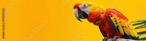 Vibrant parrot perched on a branch with a striking yellow background. Perfect for tropical, wildlife, and nature themed designs. photo