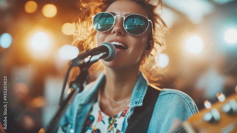 A performer in a denim jacket sings into a microphone while playing guitar on stage during a vibrant concert, showcasing an engaging musical performance. A performer in a denim jacket sings into a microphone while playing guitar on stage during a vibrant concert, showcasing an engaging musical performance.
