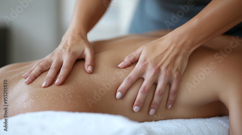 woman receiving a relaxing back massage from another woman, focusing on the smooth, bare skin, emphasizing tranquility and care