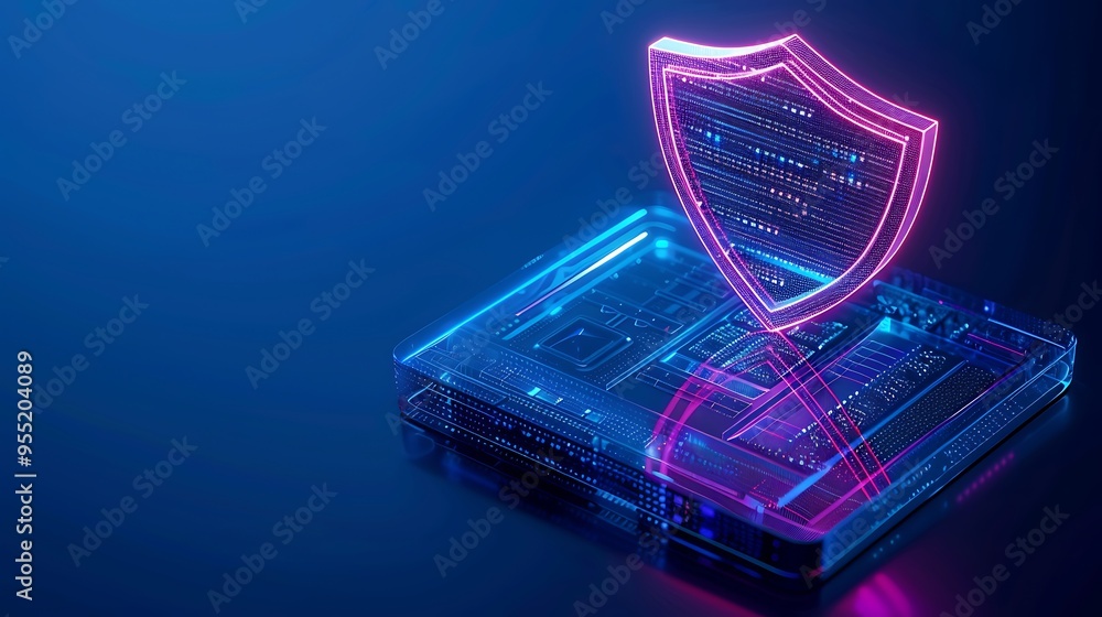 Glowing shield with digital encryption over a computer chip, representing cybersecurity and data protection in a futuristic style. Glowing shield with digital encryption over a computer chip, representing cybersecurity and data protection in a futuristic style.