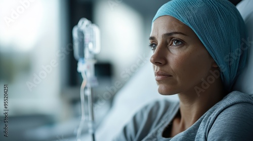 A woman lying in a hospital bed, connected to an IV drip, gazes pensively into the distance, reflecting resilience and contemplation during a challenging moment in a medical setting. photo