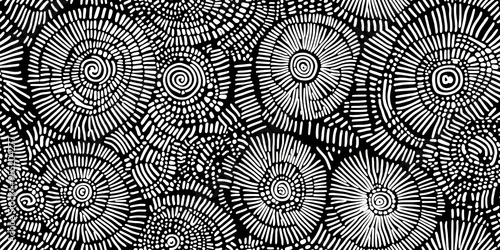 Fototapeta Naklejka Na Ścianę i Meble -  Seamless hand drawn geometric concentric circles pattern. Abstract barnacle or coral sea life motif white stripes on black background. Woodcut sun burst texture in a trendy doodle line art style.