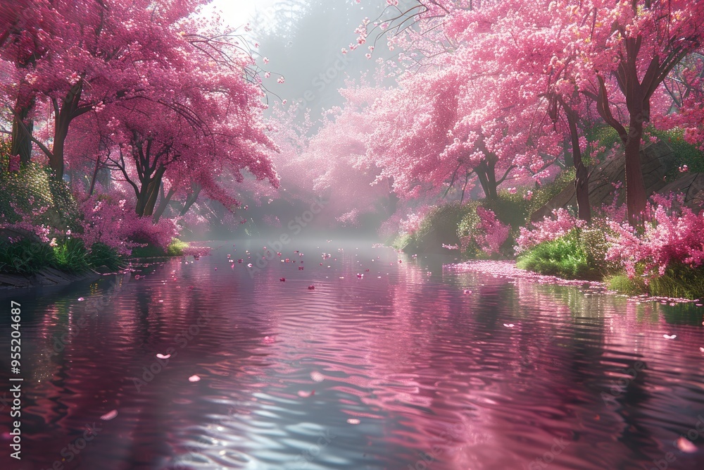 cherry blossoms in full bloom along River cherry blossoms in full bloom along River