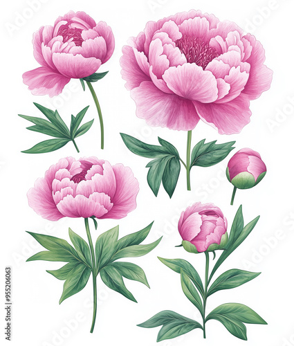 pink watercolor peonies and green leaves on a white background.