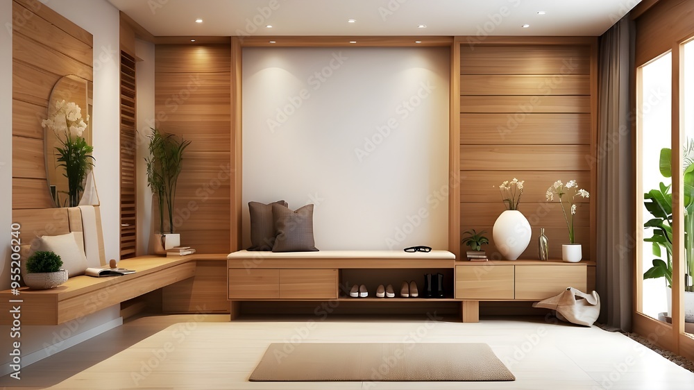 Beautiful modern wooden entry hall décor with warm wooden tones, modern house with desk, stand, and shoe bench furniture Beautiful modern wooden entry hall décor with warm wooden tones, modern house with desk, stand, and shoe bench furniture