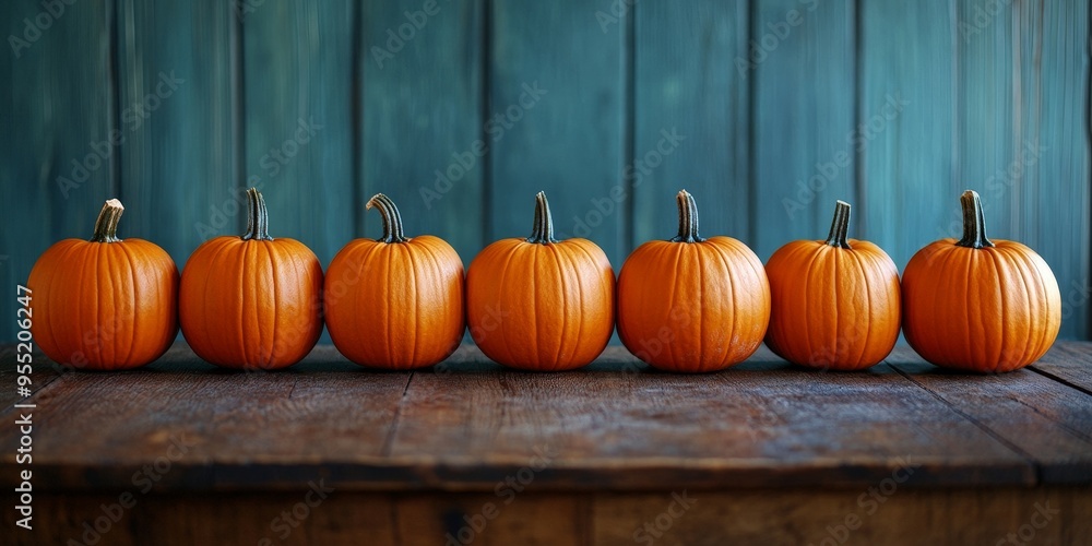 Rustic Pumpkin Display on Wooden Table with Autumn Leaves Rustic Pumpkin Display on Wooden Table with Autumn Leaves