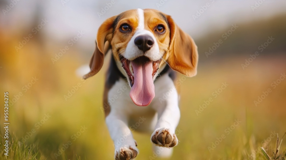 Happy Beagle Dog Running and Leaping in Sunny Outdoor Field Happy Beagle Dog Running and Leaping in Sunny Outdoor Field