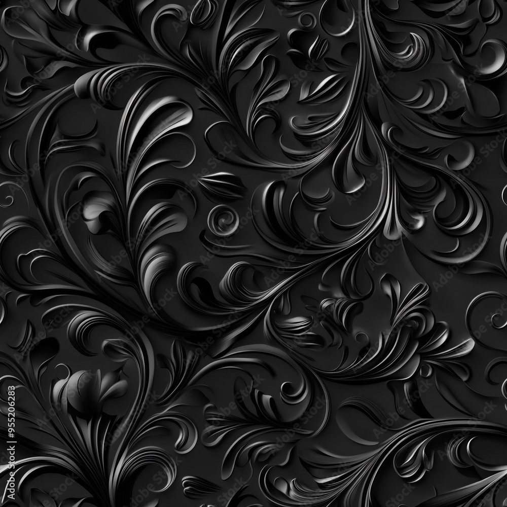 3D black paper texture with intricate swirls and floral elements and seamless pattern. 3D black paper texture with intricate swirls and floral elements and seamless pattern.