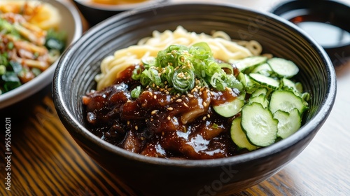 Jajangmyeon with Rich Black Bean Sauce, Beef, and Vegetables 