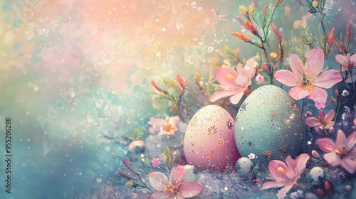 Delightful Easter Wonderland - Whimsical Illustration of Eggs and Flowers on Textured Surface with Glow