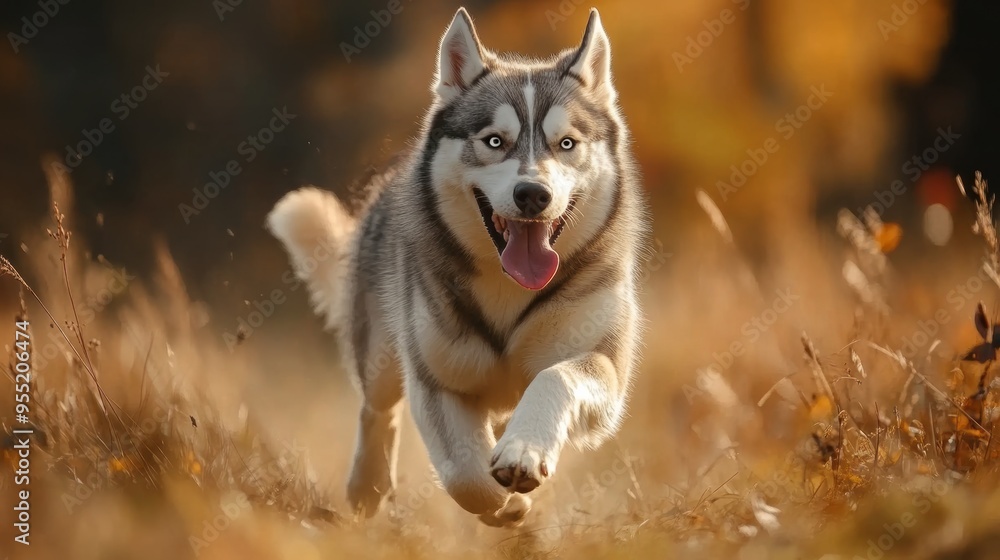 Energetic Husky Dog Running Enthusiastically Through Grassy Field Energetic Husky Dog Running Enthusiastically Through Grassy Field