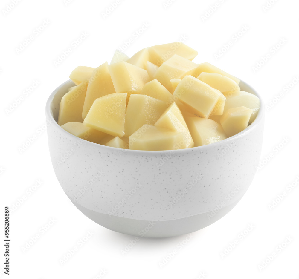 Fresh raw potatoes in bowl isolated on white Fresh raw potatoes in bowl isolated on white