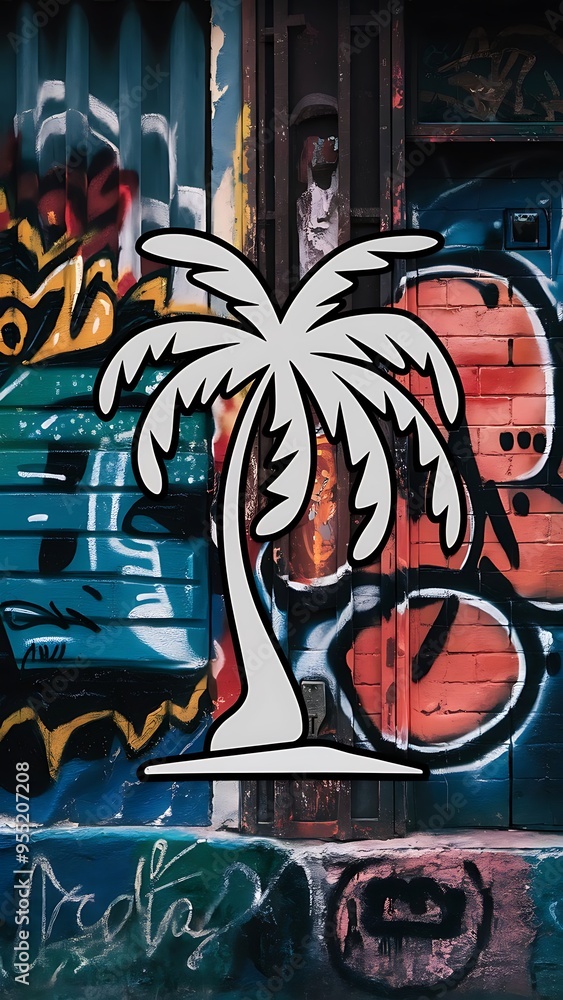 A sleek vector illustration of a date palm silhouette against vibrant urban graffiti, blending minimalist design with colorful street art energy. A sleek vector illustration of a date palm silhouette against vibrant urban graffiti, blending minimalist design with colorful street art energy.