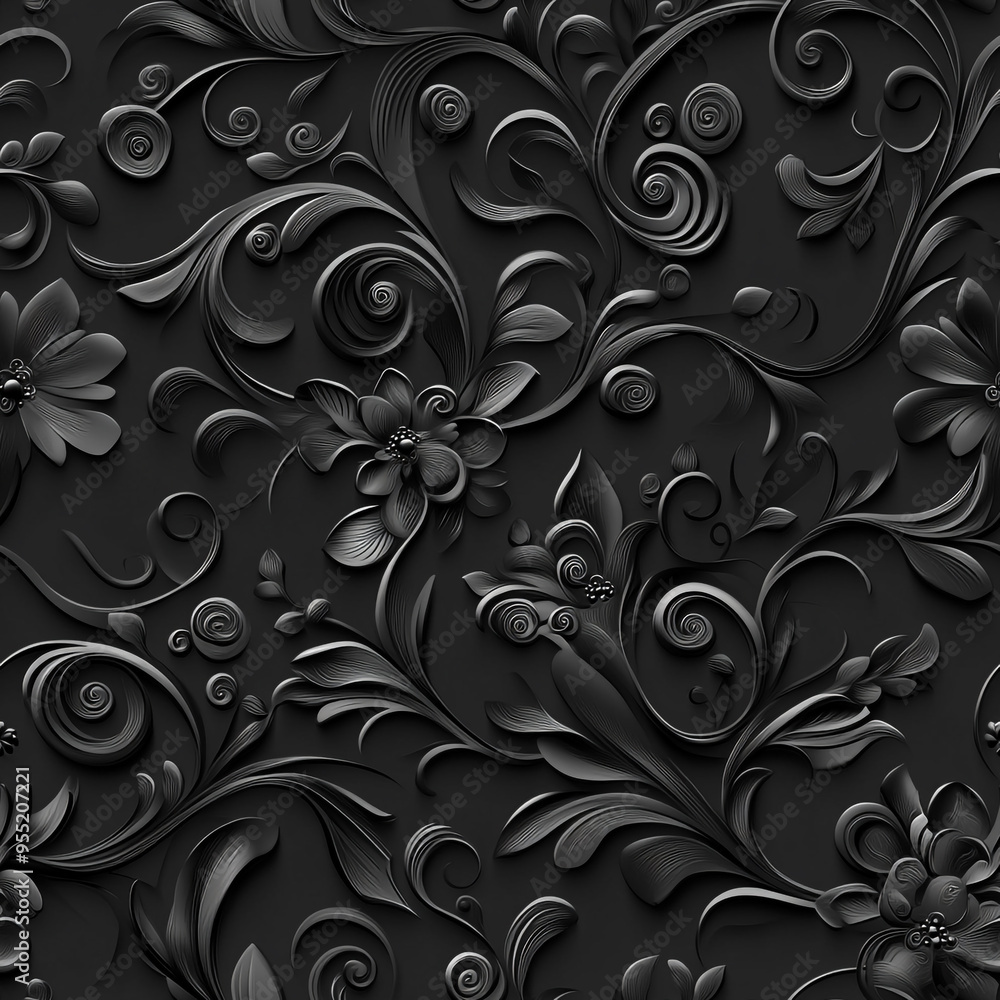 3D black paper texture with intricate swirls and floral elements and seamless pattern. 3D black paper texture with intricate swirls and floral elements and seamless pattern.