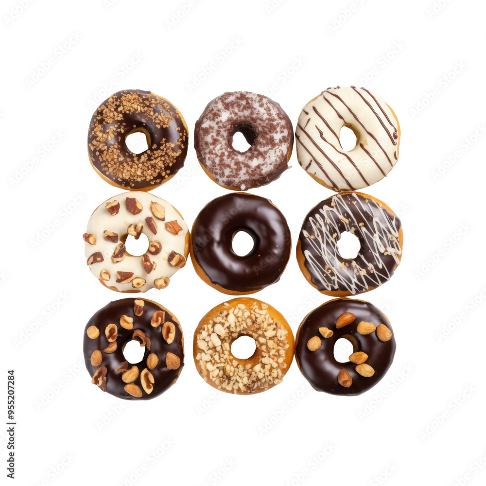 Fototapeta premium a variety of deliciously delicious donuts with a variety of toppings; perfect for food blogs, bakery sites, social media posts, and restaurant menus