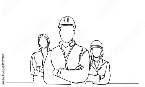 Continuous line drawing of a group of construction workers. men and women of different professions.single line group of workers team Labor with engineer team confident portrait. workers and labor day.