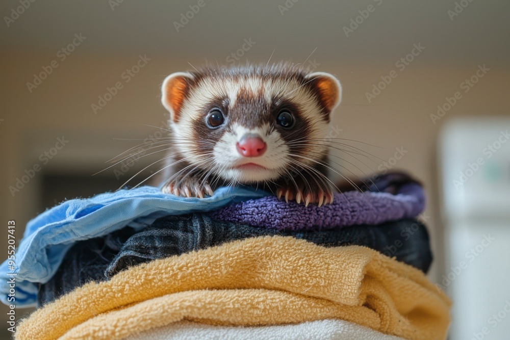 Curious Ferret Peeking Over a Stack of Towels Curious Ferret Peeking Over a Stack of Towels