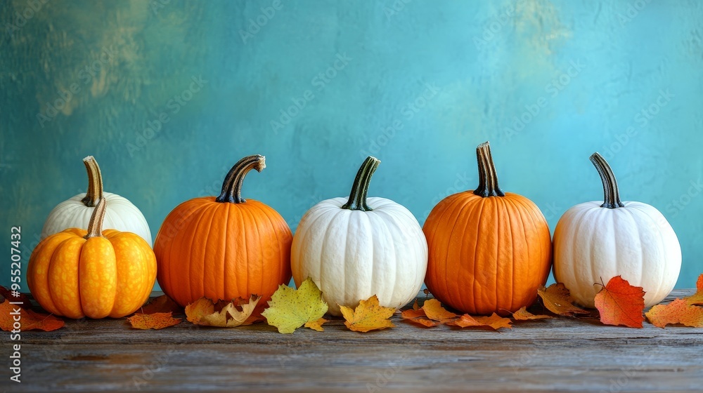 Rustic Pumpkin Display on Wooden Table with Autumn Leaves Rustic Pumpkin Display on Wooden Table with Autumn Leaves