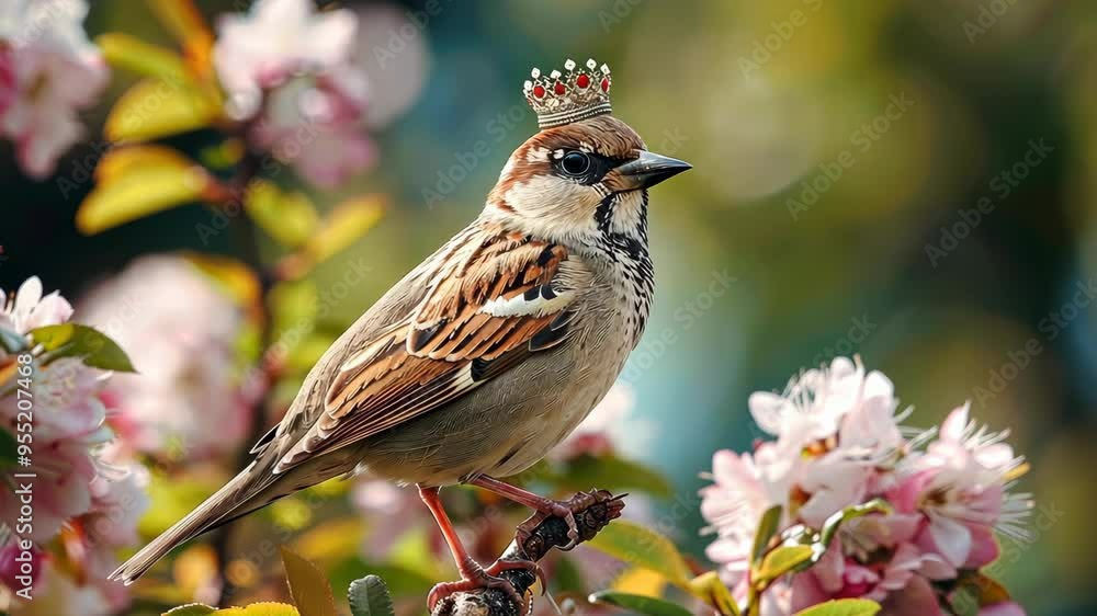 A sparrow perched on a branch wearing a tiny crown in a lush green setting A sparrow perched on a branch wearing a tiny crown in a lush green setting