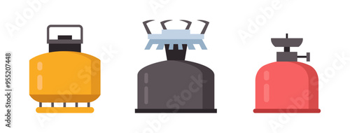 Gas storage containers, isolated set of burners for tourism. Vector flat equipment for trips and camping traveling. Propane butane tanks or canisters for fuel or petrol, outdoor stove icon