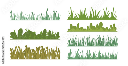 Lush greenery, horizontal grass lines with leaves and foliage. Vector isolated set of vegetation, herbs and rural leafage. Meadow or lawn, farm or yard flora and florist decoration for soil