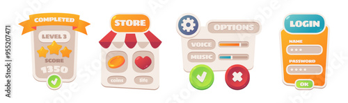 Menu in game, user interface elements for players to choose. Vector isolated level statistics, shop with points to buy. Settings with music and volume. Login with credentials to sign in