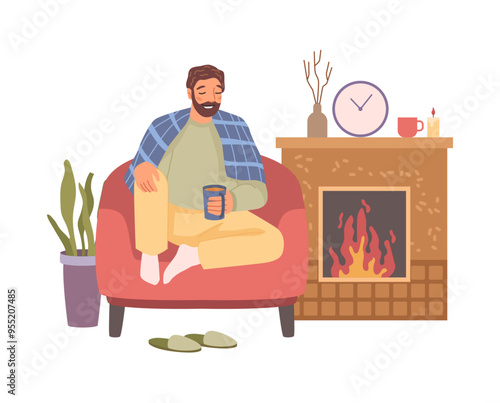 Man in warm cloth sitting in armchair and drinking coffee at fireplace, resting person with hot drink. Vector illustration of man near fire in room, flat cartoon character has rest at home in winter