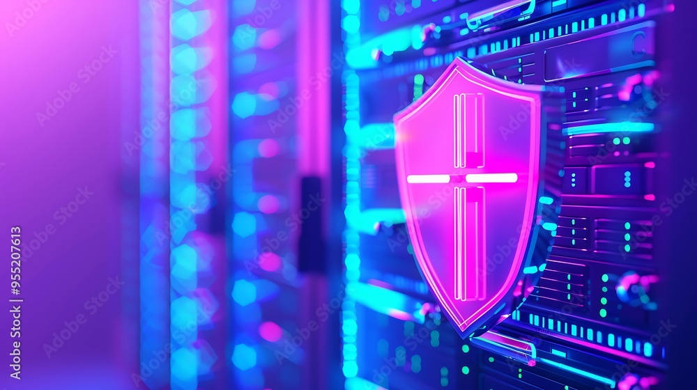 Modern server room with cybersecurity shield symbolizing data protection in a neon-lit environment. Modern server room with cybersecurity shield symbolizing data protection in a neon-lit environment.