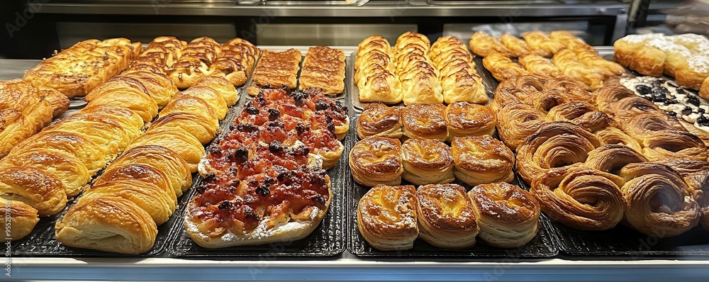 Freshly baked pastries in a bakery display, Monday morning, delicious start to the day Freshly baked pastries in a bakery display, Monday morning, delicious start to the day