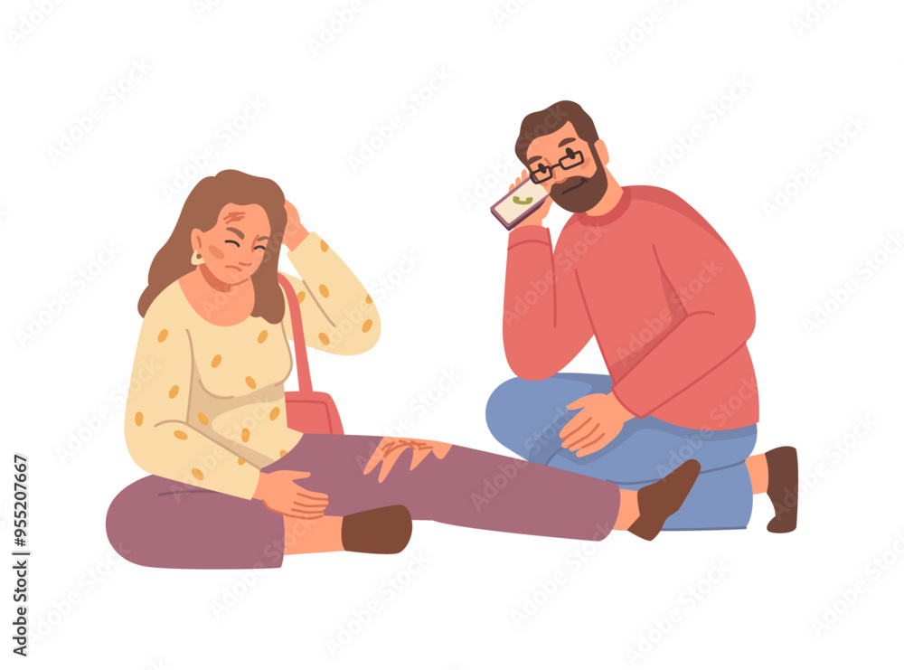 Stressed man calling emergency in front of woman with injuries, flat cartoon vector illustration. Concepts of first aid, ambulance, healthcare and accidents, lady with broken leg Stressed man calling emergency in front of woman with injuries, flat cartoon vector illustration. Concepts of first aid, ambulance, healthcare and accidents, lady with broken leg