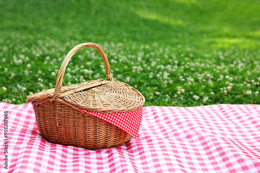 One picnic wicker basket with checkered napkin and blanket on green grass. Space for text One picnic wicker basket with checkered napkin and blanket on green grass. Space for text