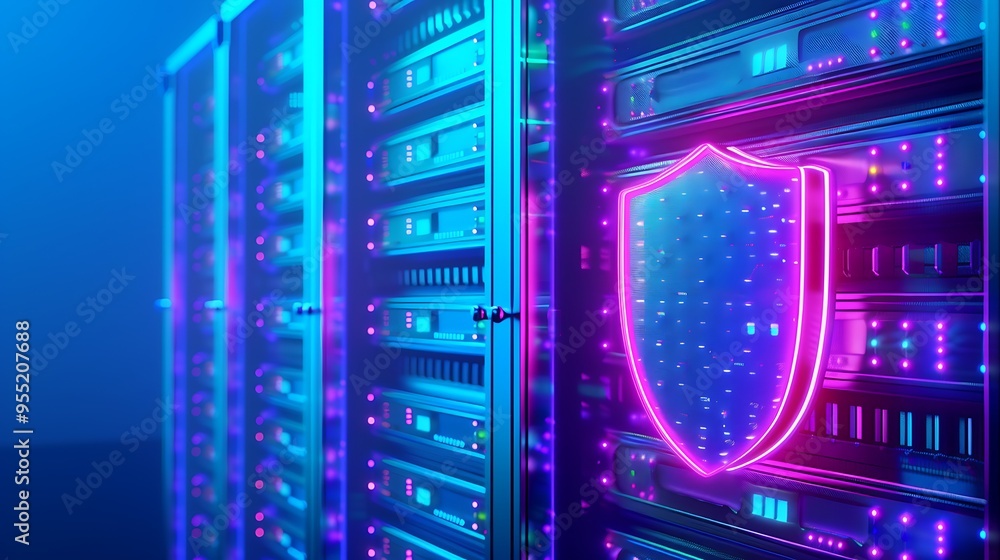 Modern server room with neon lights and digital shield symbol representing cybersecurity and data protection in a high-tech environment. Modern server room with neon lights and digital shield symbol representing cybersecurity and data protection in a high-tech environment.