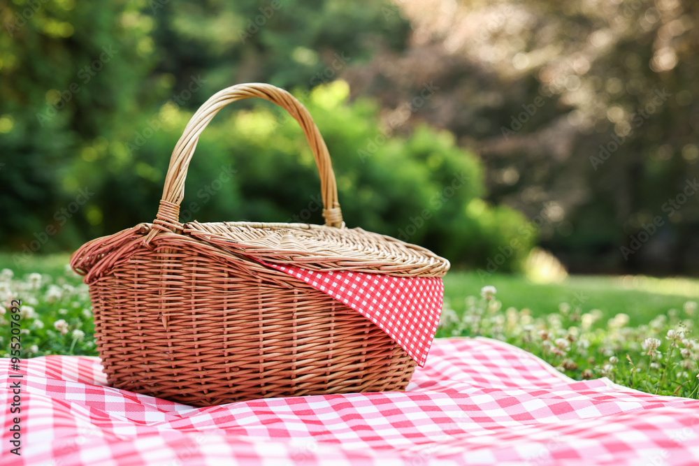 One picnic wicker basket with checkered napkin and blanket on green grass. Space for text One picnic wicker basket with checkered napkin and blanket on green grass. Space for text